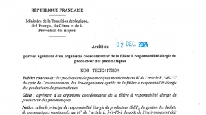 Arrete Agrement Eco Organismae CCCP Filiere REP pneumatiques